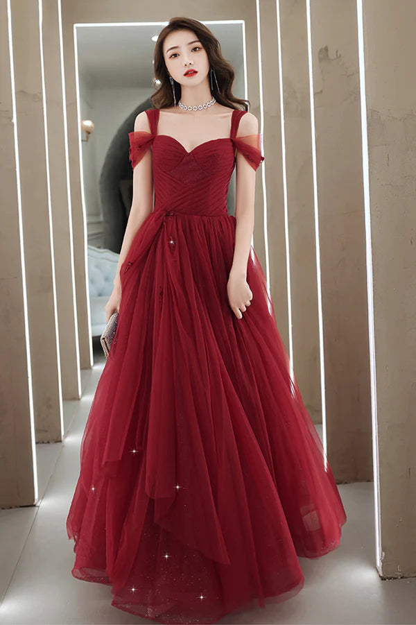 Burgundy Tulle Long A-Line Prom Dress Burgundy Evening Party Dress