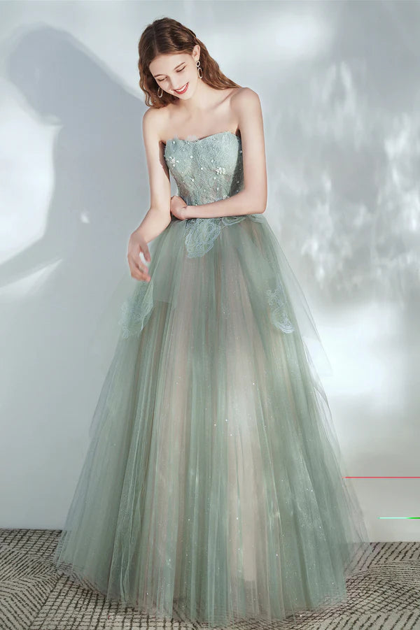 Green Tulle Lace Long A-Line Prom Dress Cute Strapless Evening Party Dress