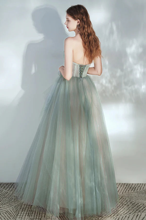 Green Tulle Lace Long A-Line Prom Dress Cute Strapless Evening Party Dress