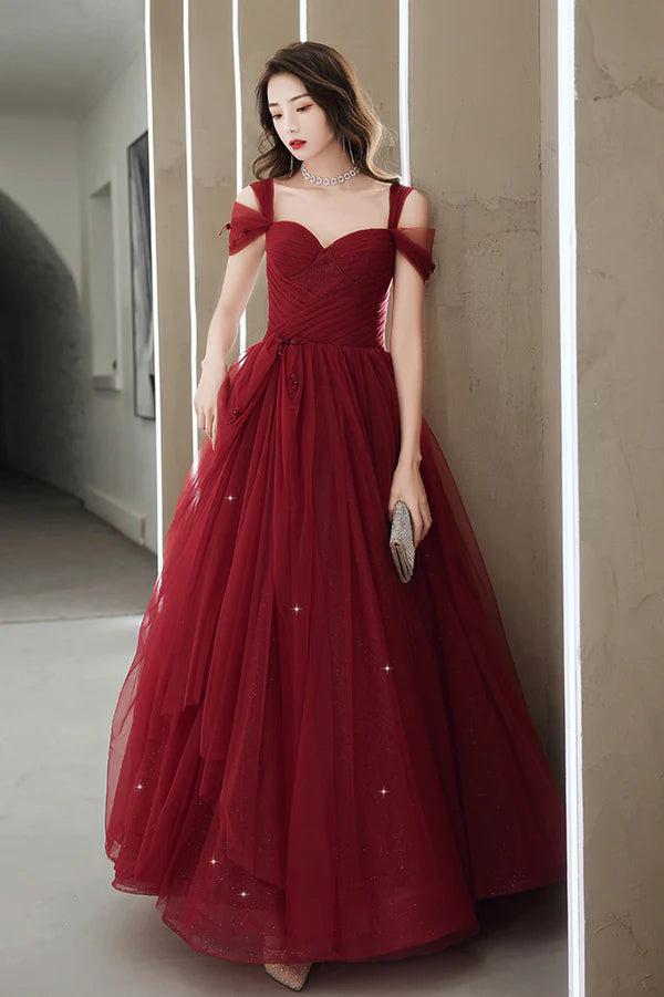 Burgundy Tulle Long A-Line Prom Dress Burgundy Evening Party Dress