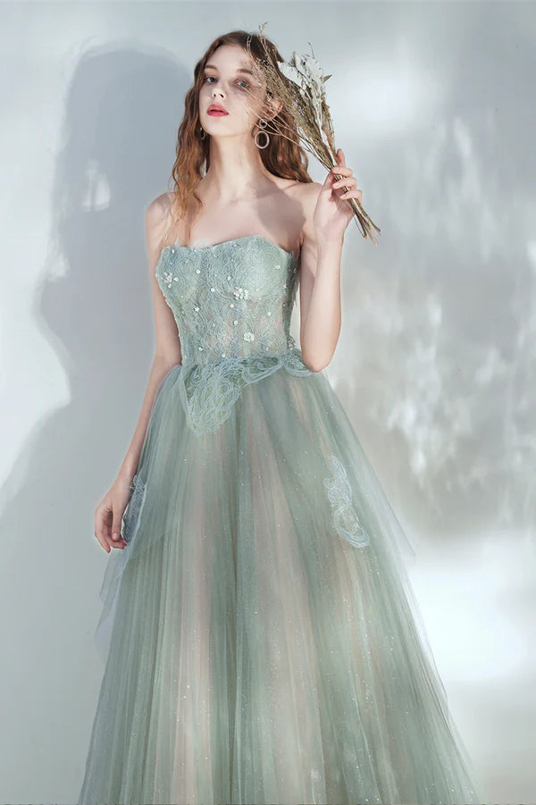 Green Tulle Lace Long A-Line Prom Dress Cute Strapless Evening Party Dress