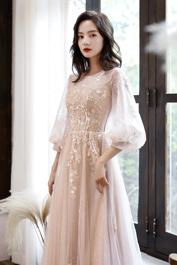 Pink Tulle Lace Long Sleeve Prom Dress Lovely A-Line Party Dress