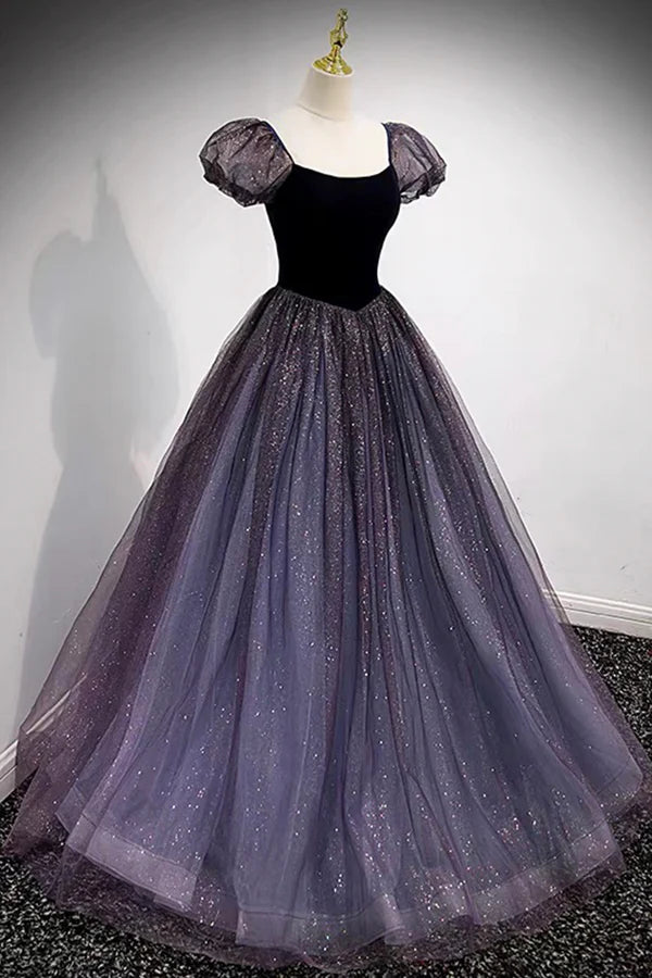 Purple Scoop Tulle Long A-Line Prom Dress Lovely Short Sleeve Evening Dress