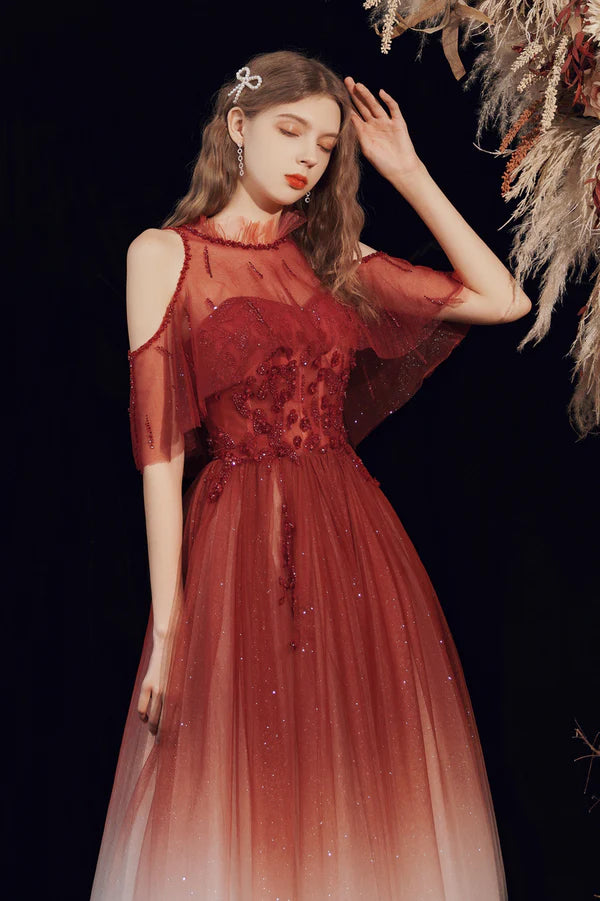 Burgundy Tulle Long Prom Dress with Sequins Cute A-Line Party Dress