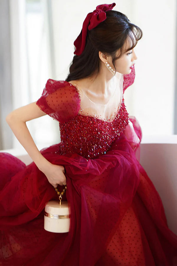 Red Scoop Neckline Tulle Long Prom Dress with Sequins A-Line Formal Evening Dress