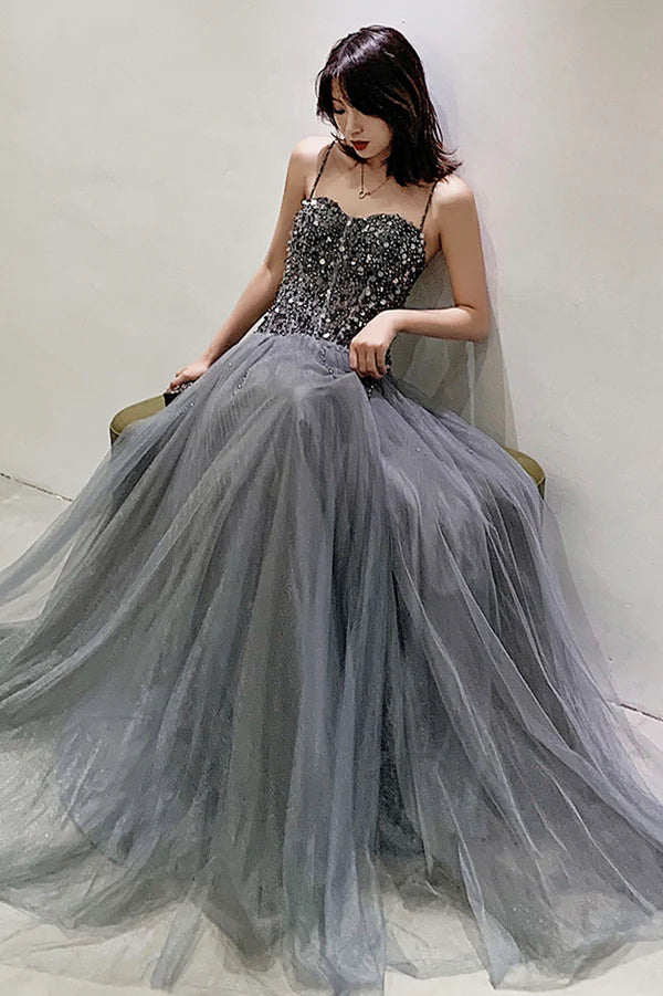 Gray Tulle Long Prom Dress with Sequins Spaghetti Straps Evening Party Dress