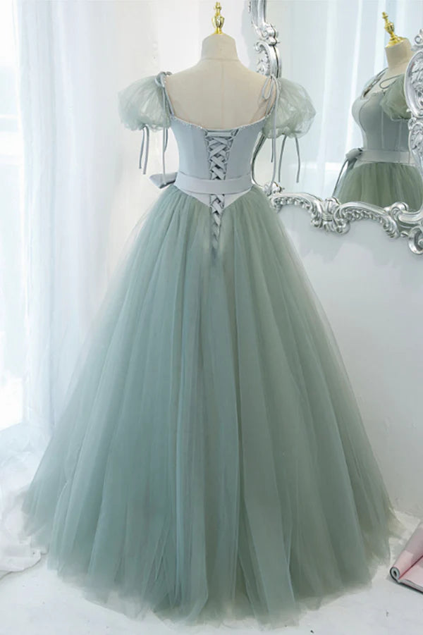 Green Tulle Long A-Line Prom Dress Cute Short Sleeve Graduation Dress