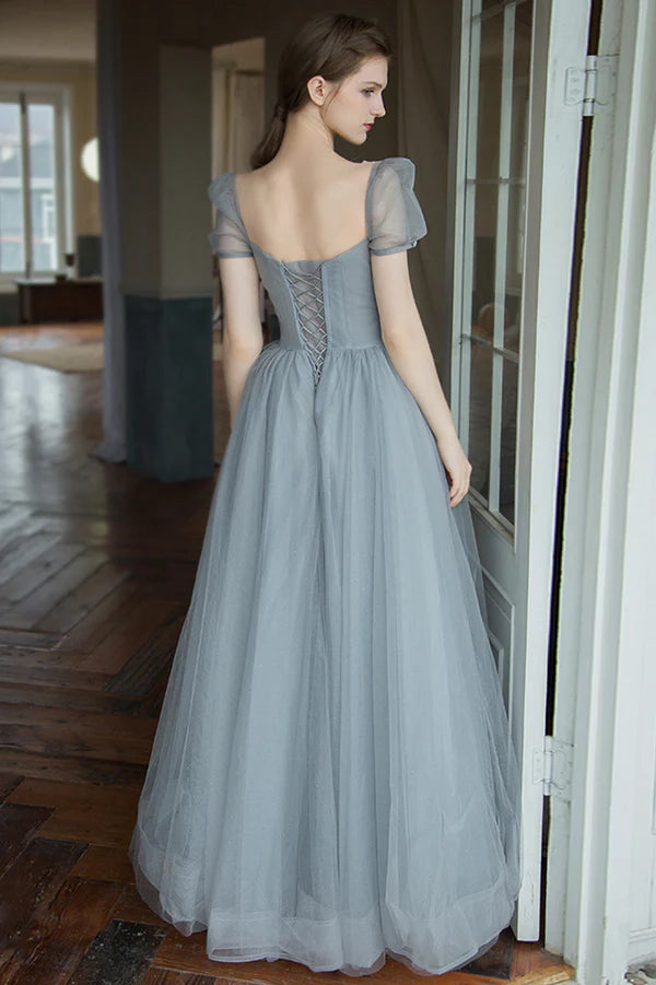 Gray A-Line Tulle Long Prom Dress with Beaded Gray Evening Party Dress