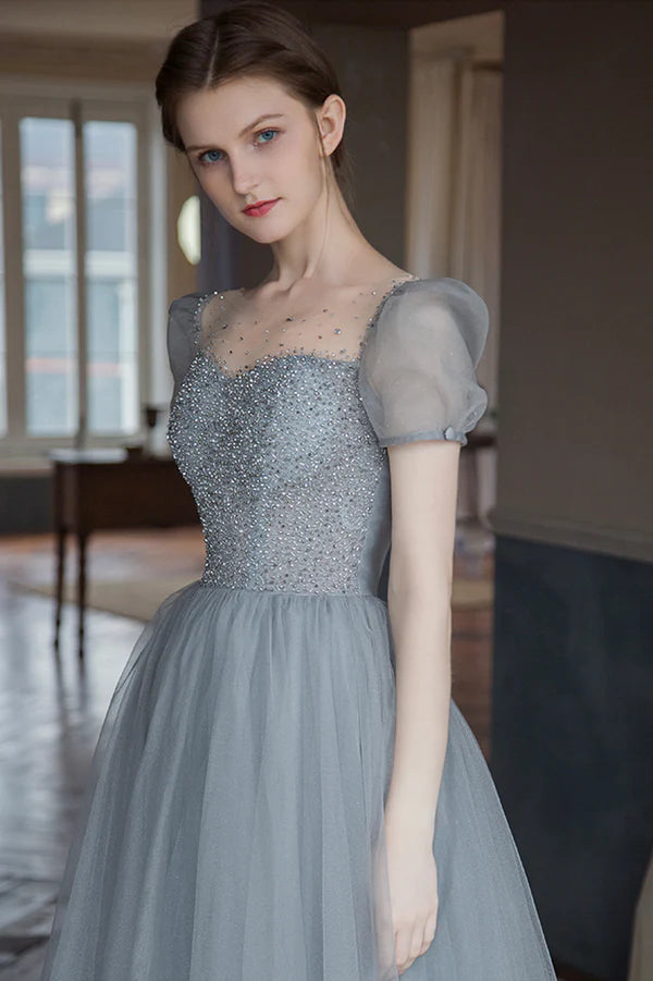 Gray A-Line Tulle Long Prom Dress with Beaded Gray Evening Party Dress