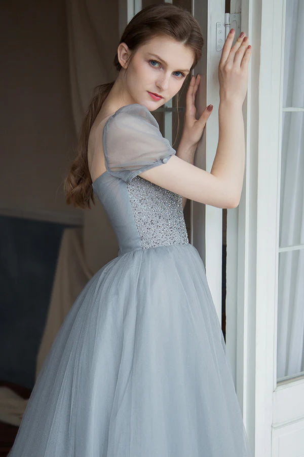 Gray A-Line Tulle Long Prom Dress with Beaded Gray Evening Party Dress