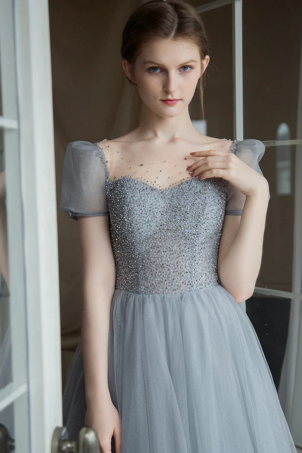 Gray A-Line Tulle Long Prom Dress with Beaded Gray Evening Party Dress