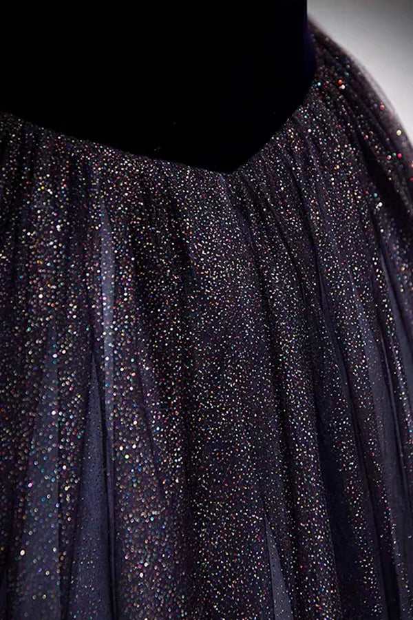 Purple Scoop Tulle Long A-Line Prom Dress Lovely Short Sleeve Evening Dress