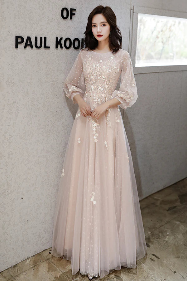 Pink Tulle Lace Long Sleeve Prom Dress Lovely A-Line Party Dress