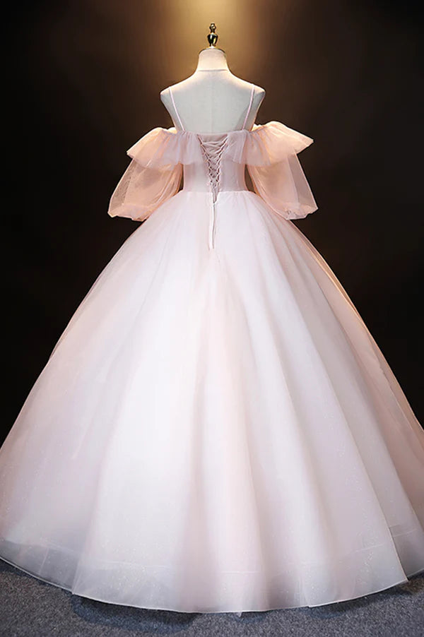 A-Line Pink Spaghetti Straps Long Prom Dress Pink Lace Formal Evening Dress