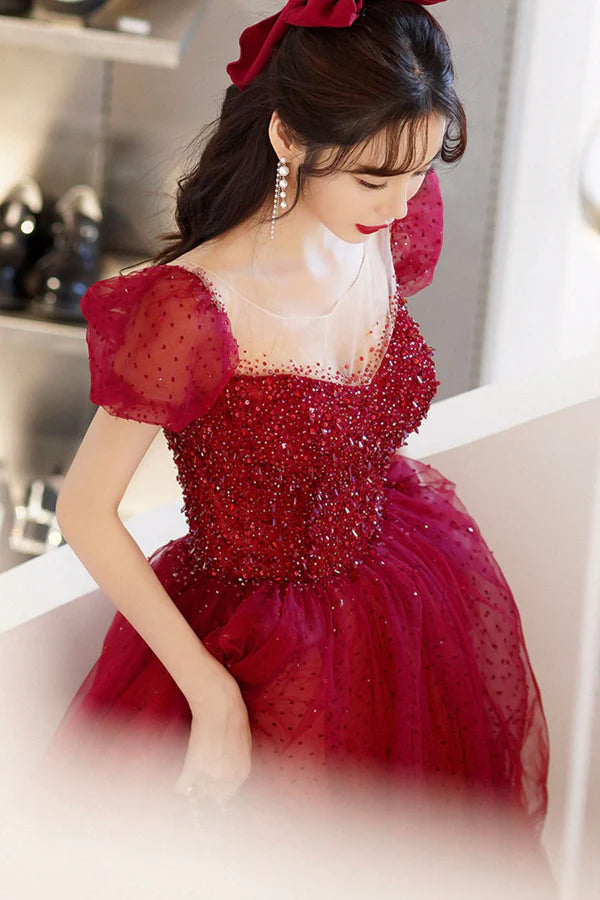 Red Scoop Neckline Tulle Long Prom Dress with Sequins A-Line Formal Evening Dress