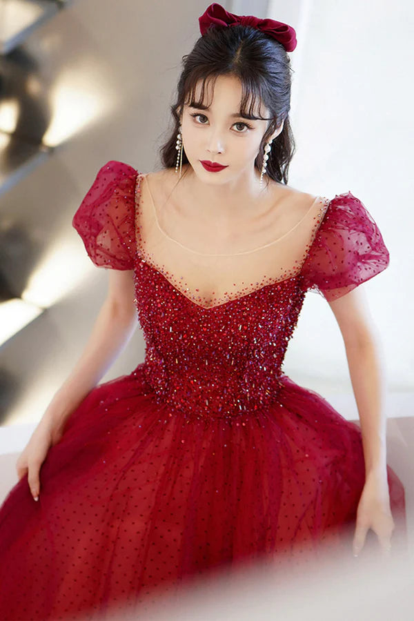 Red Scoop Neckline Tulle Long Prom Dress with Sequins A-Line Formal Evening Dress