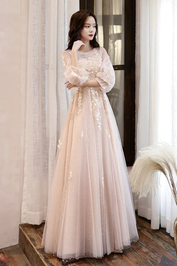 Pink Tulle Lace Long Sleeve Prom Dress Lovely A-Line Party Dress