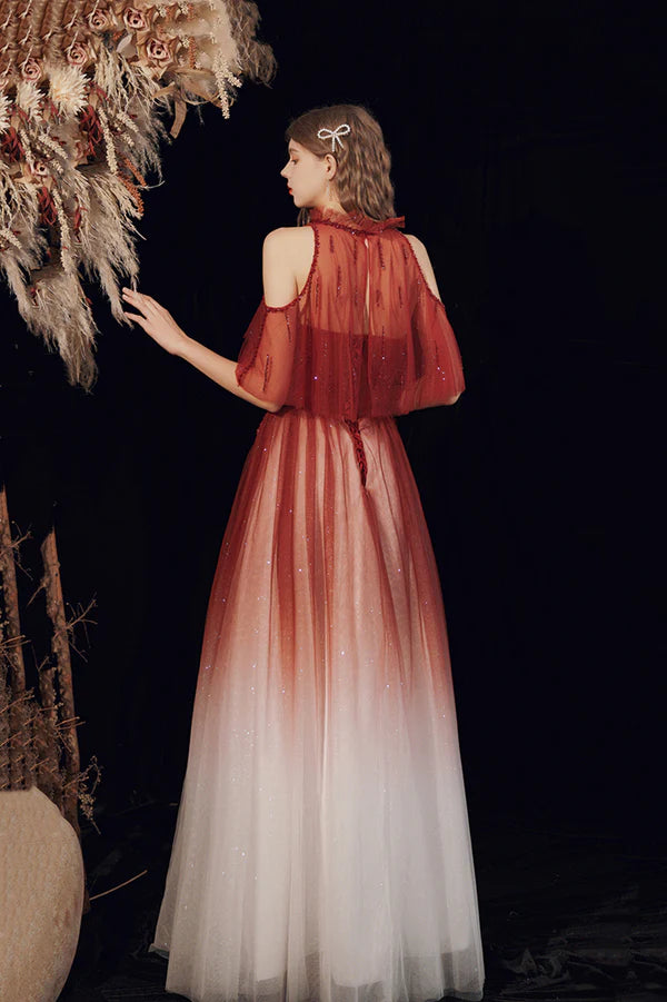 Burgundy Tulle Long Prom Dress with Sequins Cute A-Line Party Dress