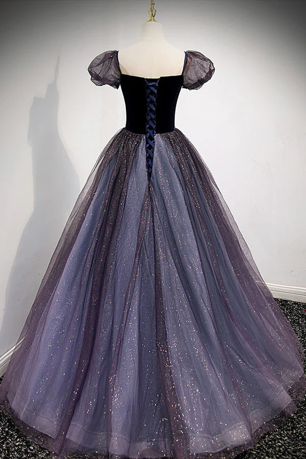 Purple Scoop Tulle Long A-Line Prom Dress Lovely Short Sleeve Evening Dress