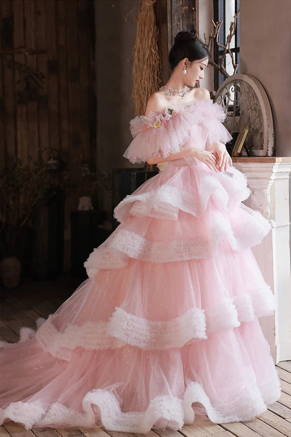 Pink Tulle Long A-Line Prom Gown Off the Shoulder Sweet 16 Dress