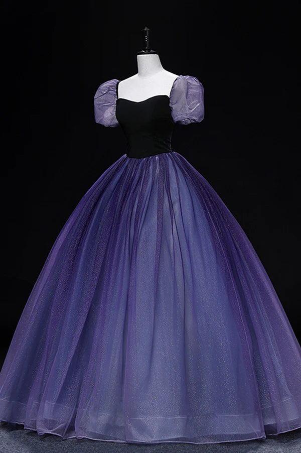 Purple Tulle Long A-Line Prom Dress Purple Short Sleeve Princess Dress