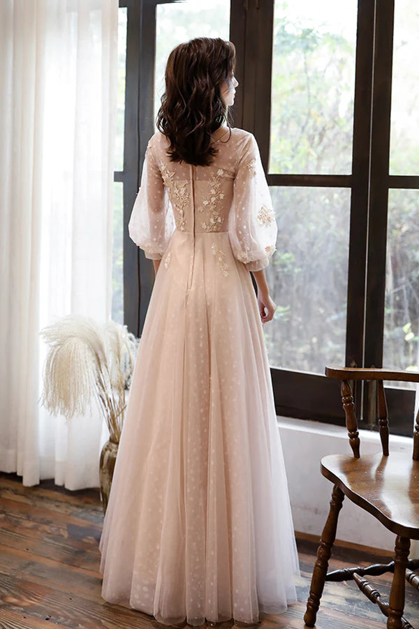 Pink Tulle Lace Long Sleeve Prom Dress Lovely A-Line Party Dress