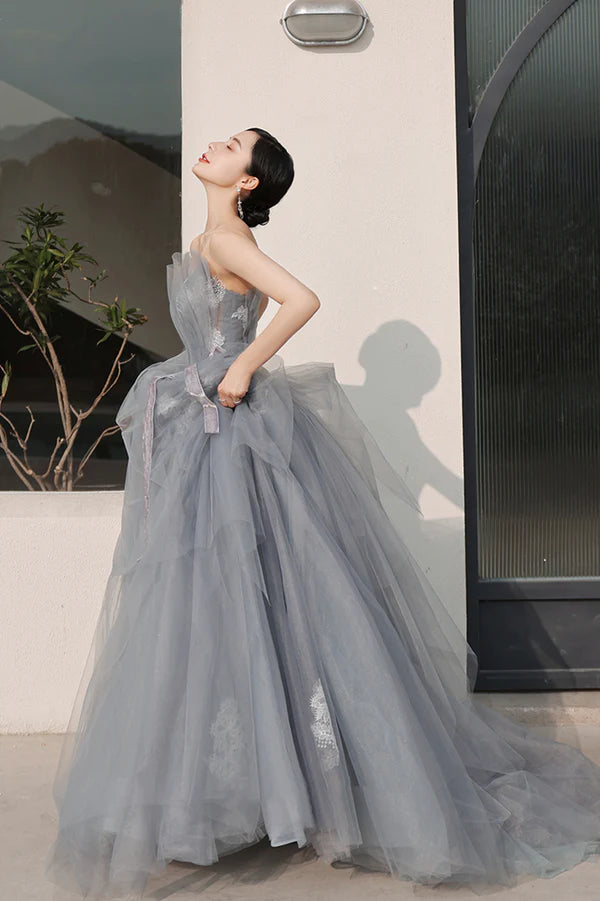 Gray Tulle Lace Long Prom Dress A-Line Strapless Evening Party Dress