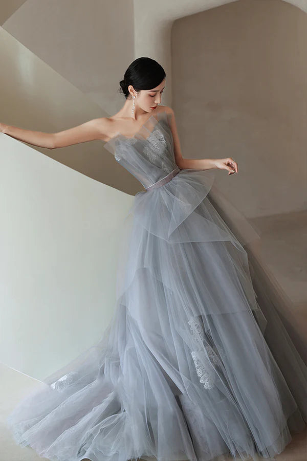 Gray Tulle Lace Long Prom Dress A-Line Strapless Evening Party Dress
