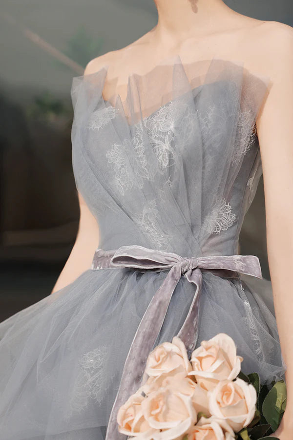 Gray Tulle Lace Long Prom Dress A-Line Strapless Evening Party Dress