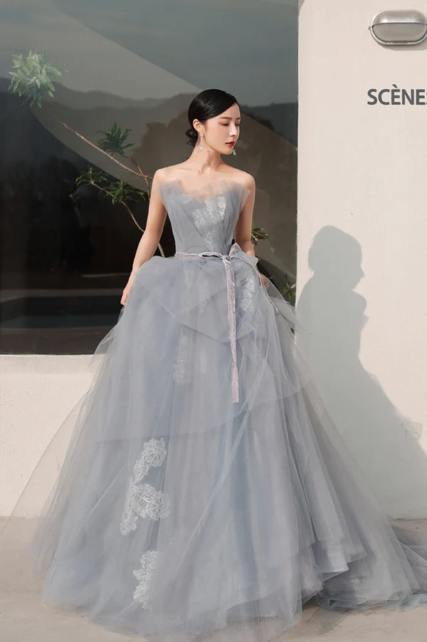 Gray Tulle Lace Long Prom Dress A-Line Strapless Evening Party Dress