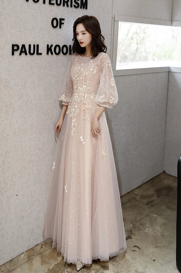 Pink Tulle Lace Long Sleeve Prom Dress Lovely A-Line Party Dress