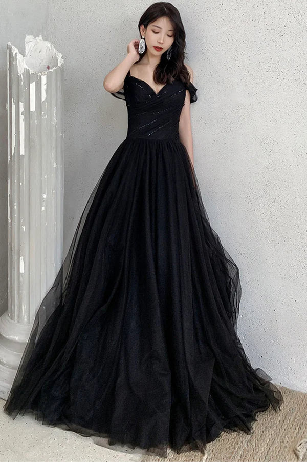 Black V-Neck Tulle Long Prom Dress Off the Shoulder Evening Dress