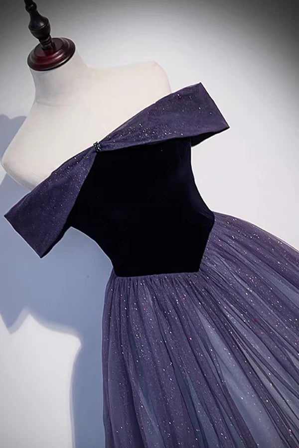 Purple Tulle Off the Shoulder Prom Dress A-Line Evening Party Dress