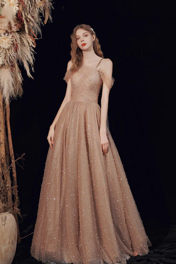 A-Line Tulle Pearl Long Prom Dress One Shoulder Evening Graduation Dress