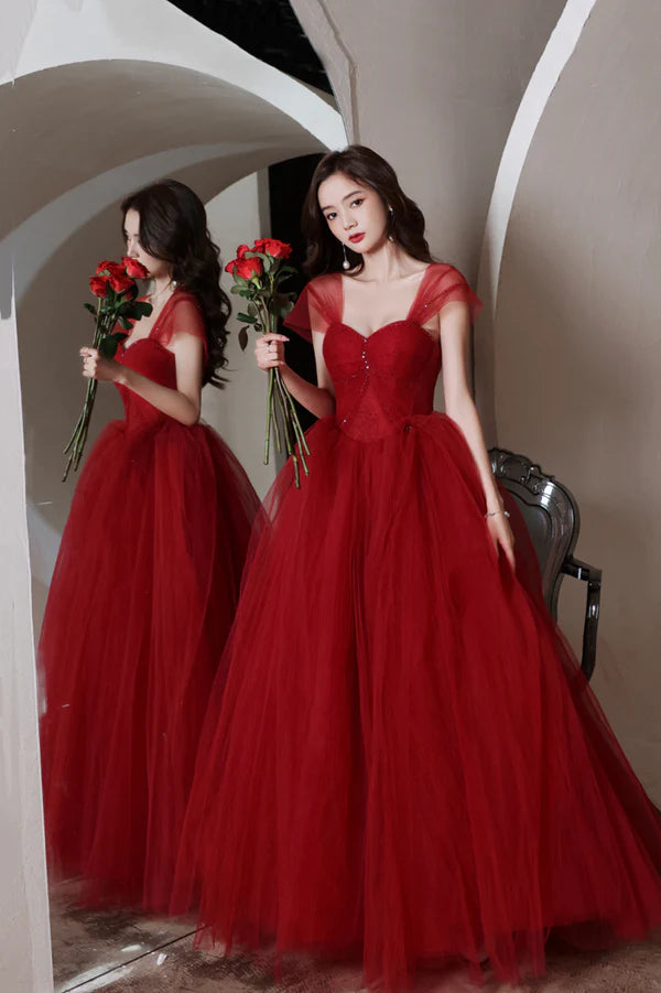 Red Tulle Long A-Line Prom Dress Off the Shoulder Evening Graduation Dress