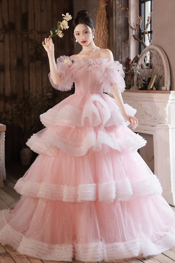 Pink Tulle Long A-Line Prom Gown Off the Shoulder Sweet 16 Dress