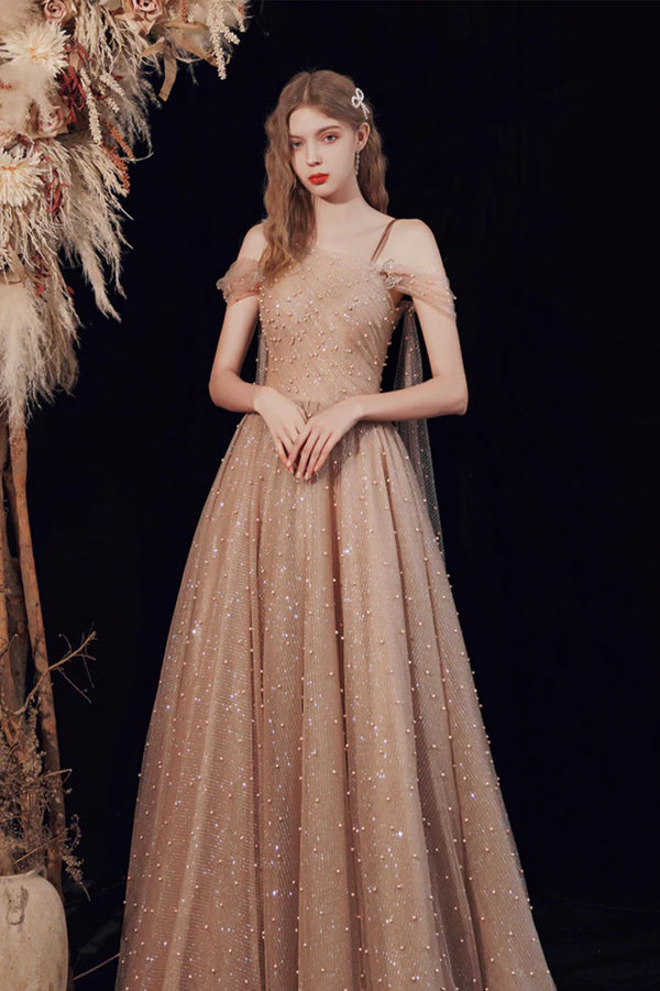 A-Line Tulle Pearl Long Prom Dress One Shoulder Evening Graduation Dress