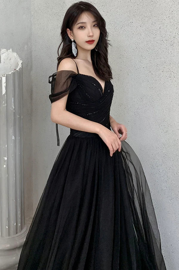 Black V-Neck Tulle Long Prom Dress Off the Shoulder Evening Dress
