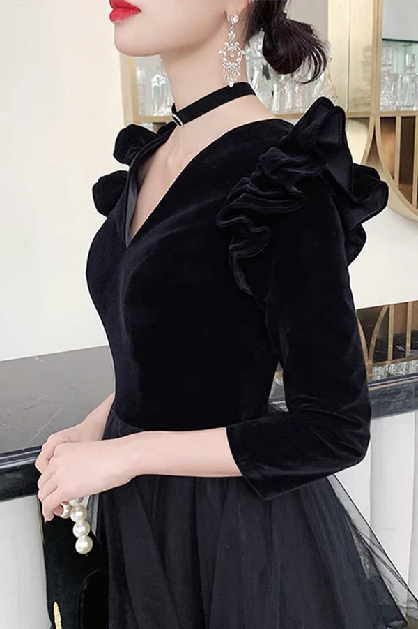 Black V-neck Velvet Tulle Long Prom Dress Long Sleeve Party Dress