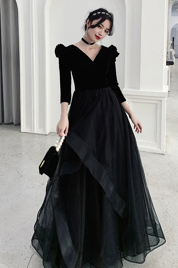 Black V-neck Velvet Tulle Long Prom Dress Long Sleeve Party Dress