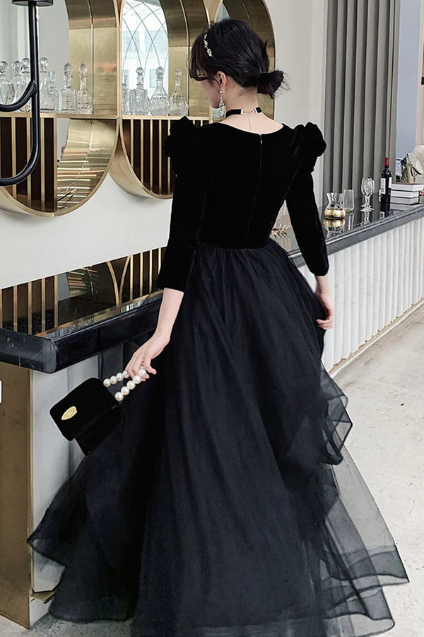 Black V-neck Velvet Tulle Long Prom Dress Long Sleeve Party Dress