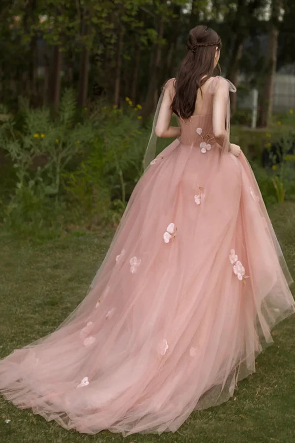 Pink A-Line Tulle Floor Length Prom Dress Beautiful Evening Graduation Dress