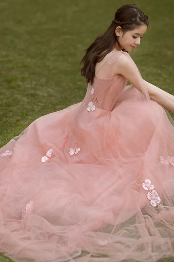 Pink A-Line Tulle Floor Length Prom Dress Beautiful Evening Graduation Dress