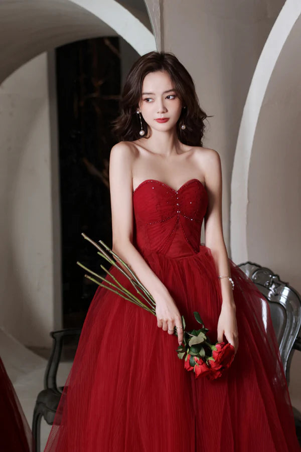 Red Tulle Long A-Line Prom Dress Off the Shoulder Evening Graduation Dress