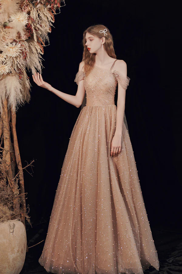 A-Line Tulle Pearl Long Prom Dress One Shoulder Evening Graduation Dress