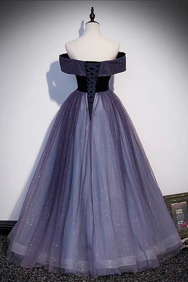 Purple Tulle Off the Shoulder Prom Dress A-Line Evening Party Dress