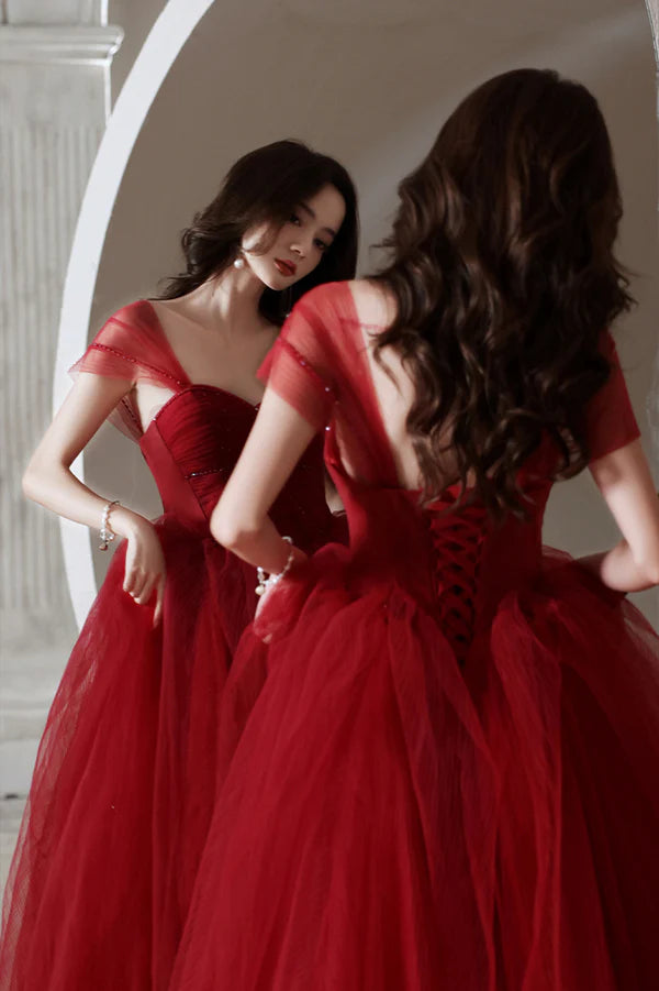 Red Tulle Long A-Line Prom Dress Off the Shoulder Evening Graduation Dress