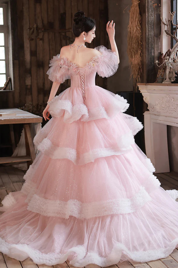 Pink Tulle Long A-Line Prom Gown Off the Shoulder Sweet 16 Dress