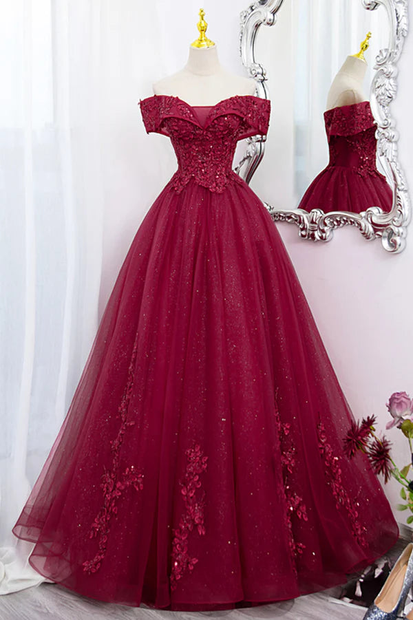 Burgundy Sweet 16 Formal Gown with Lace Off the Shoulder Prom Dress Party Dress