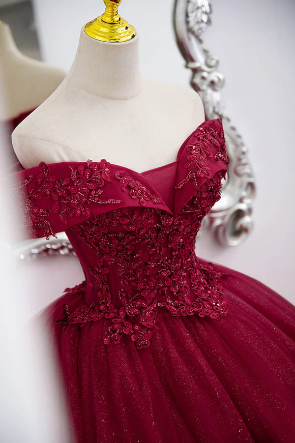Burgundy Sweet 16 Formal Gown with Lace Off the Shoulder Prom Dress Party Dress